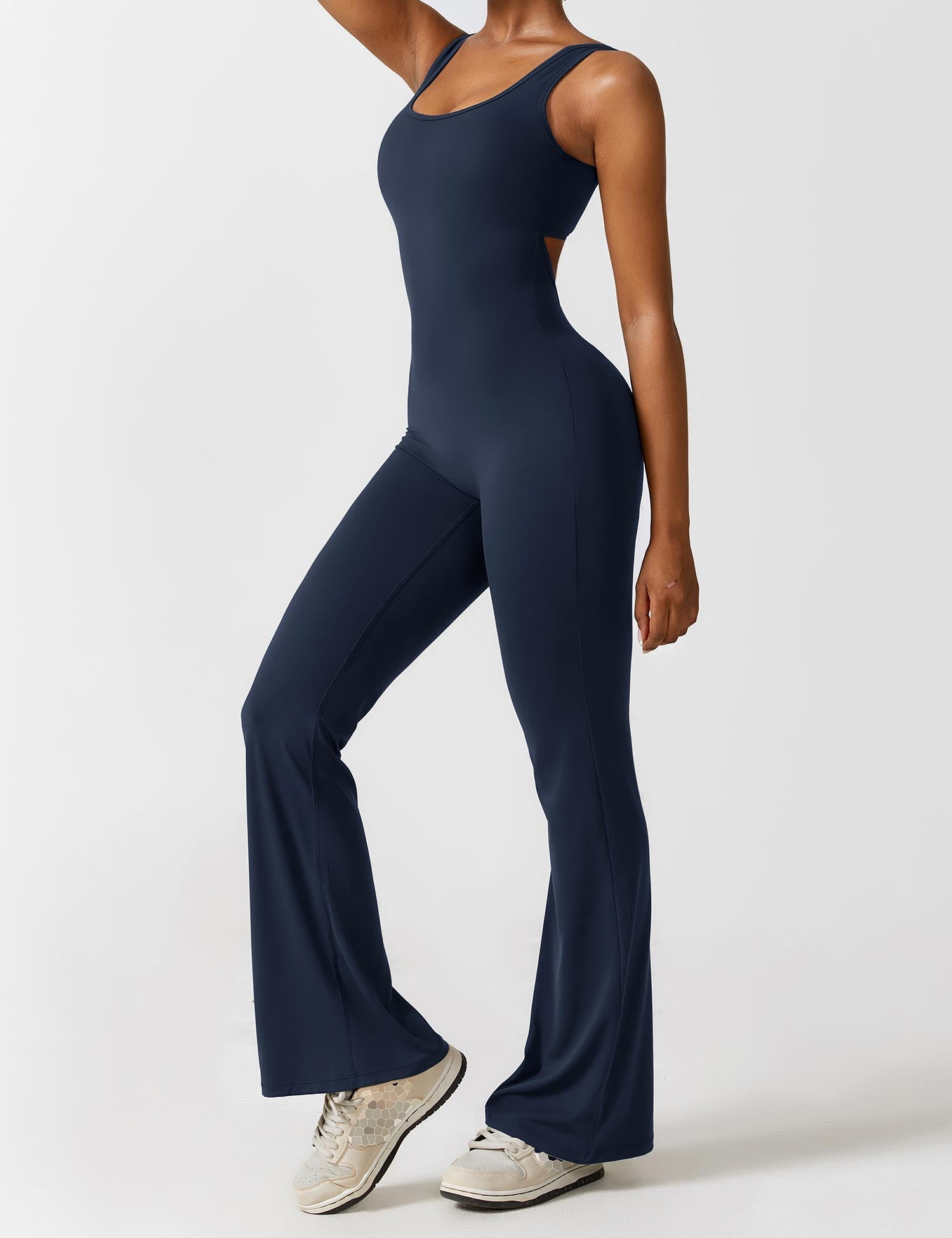 Yeoreo V-Rücken Ausgestellter Jumpsuit/Overall Dunkelblau