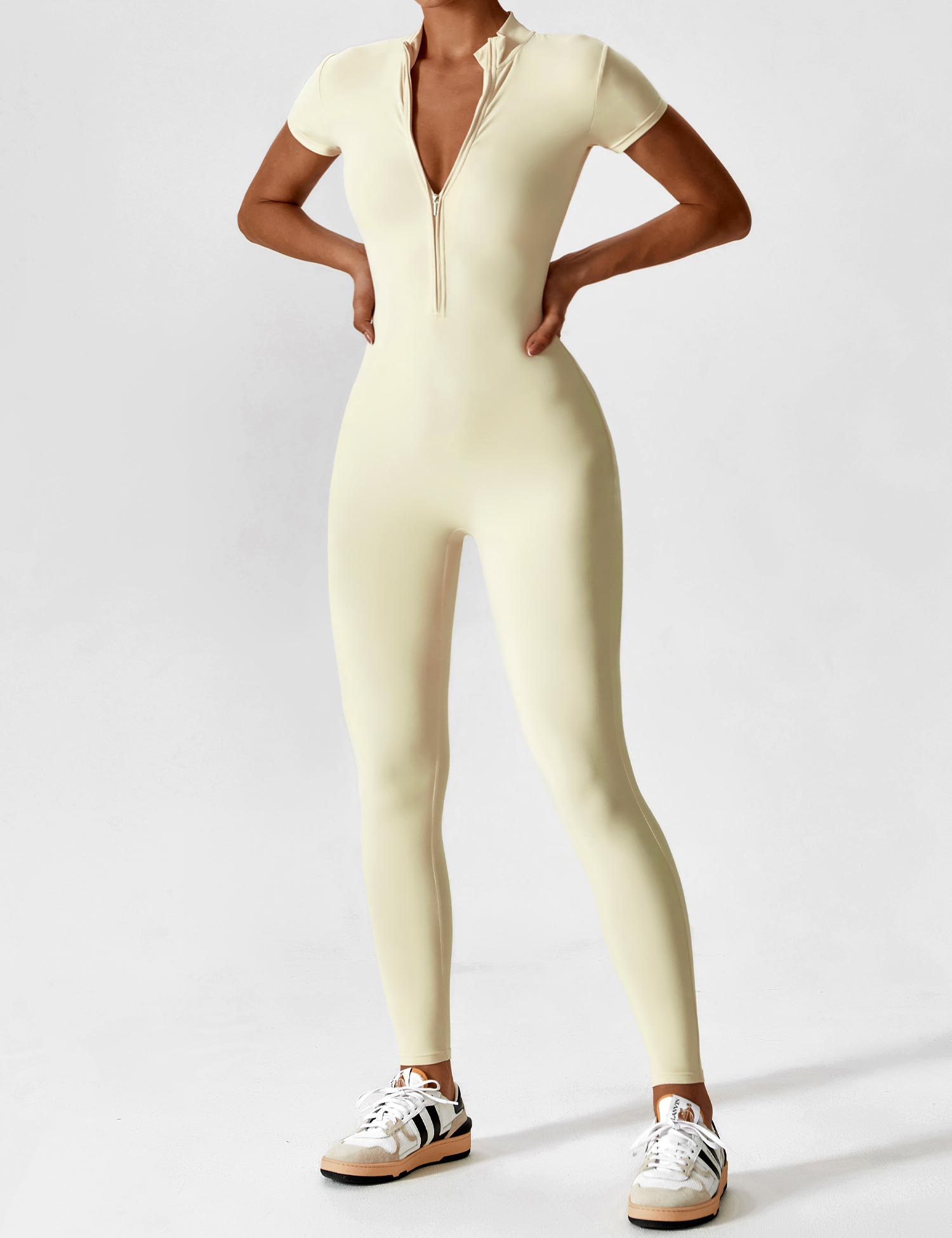 Yeoreo Langarm/Kurzarm Reißverschluss Jumpsuit/Overall Kurzarm Beige