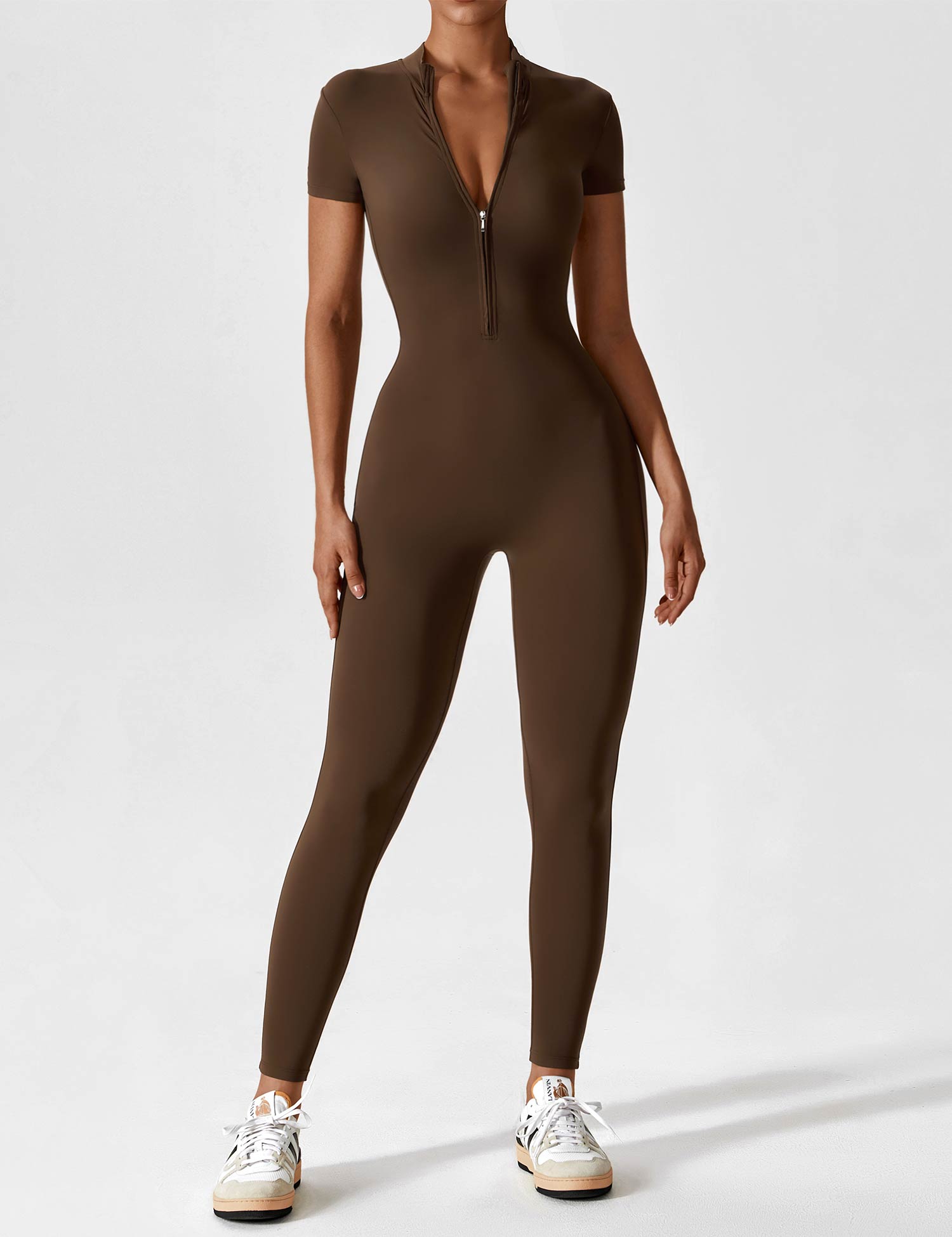 Yeoreo Langarm/Kurzarm Reißverschluss Jumpsuit/Overall Kurzarm Kaffee