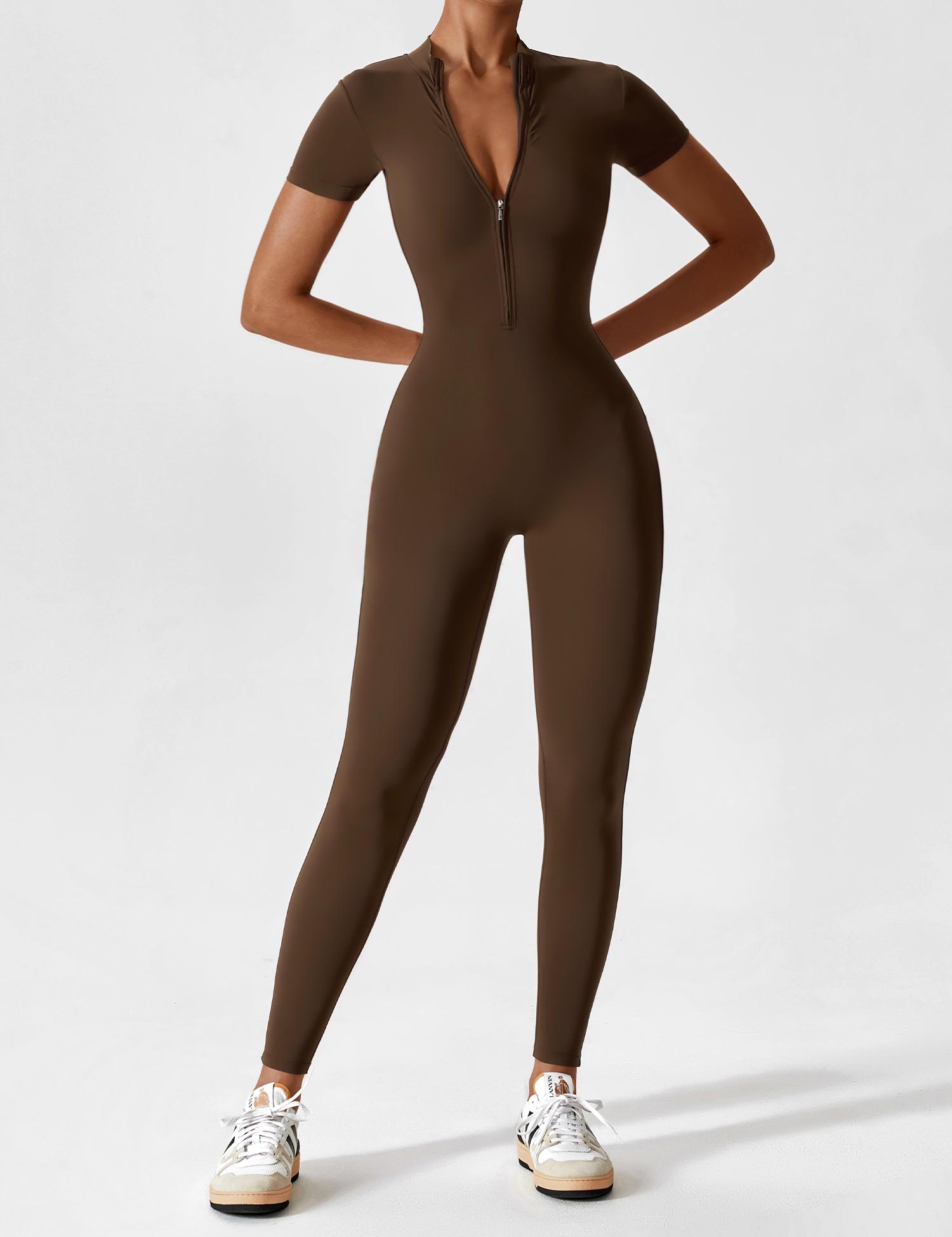 Yeoreo Langarm/Kurzarm Reißverschluss Jumpsuit/Overall Kurzarm Kaffee